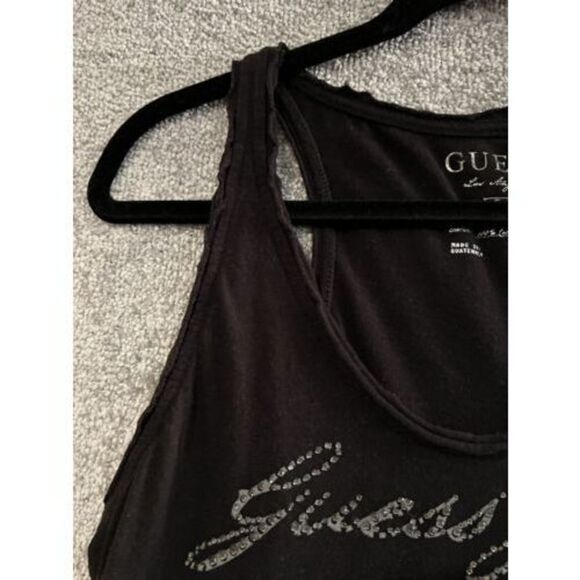 Y2K 2000s Guess Black Rhinestone Spellout Tank Large L Distressed Cotton - Picture 3 of 6